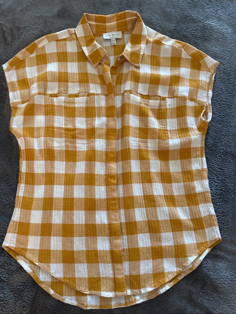 Lucky Brand Mustard and White Gingham Short Sleeve Button Front Shirt